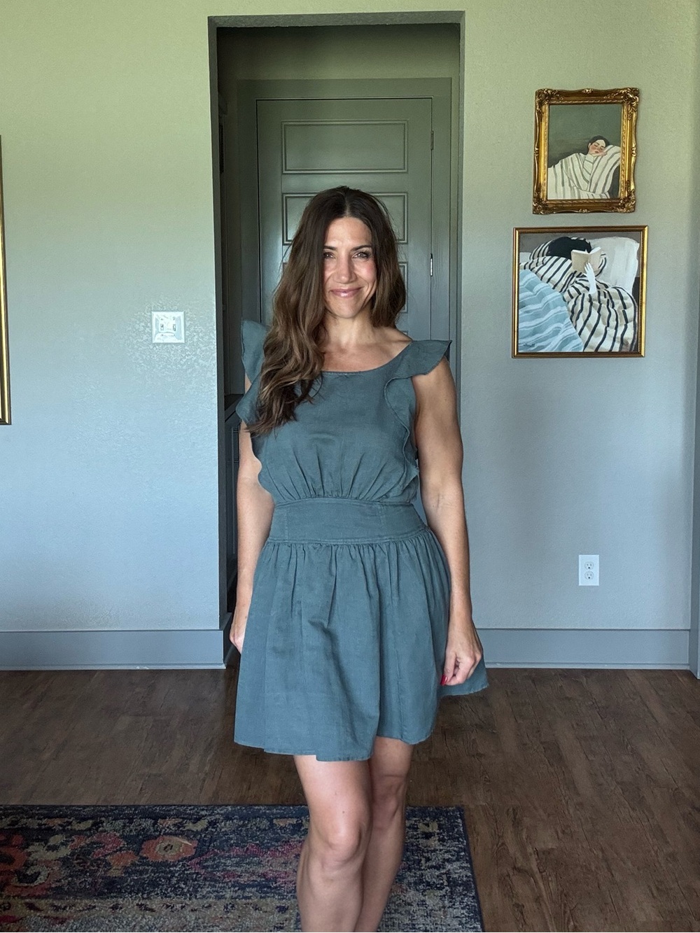 Free People XS Gray Blue Linen Blend Open Back Flutter Sleeve Mini Dress